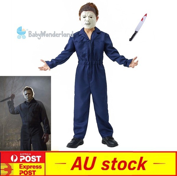 Kids Boys Michael Myers Costume Cosplay Jumpsuit Outfit Coveralls Halloween Mask