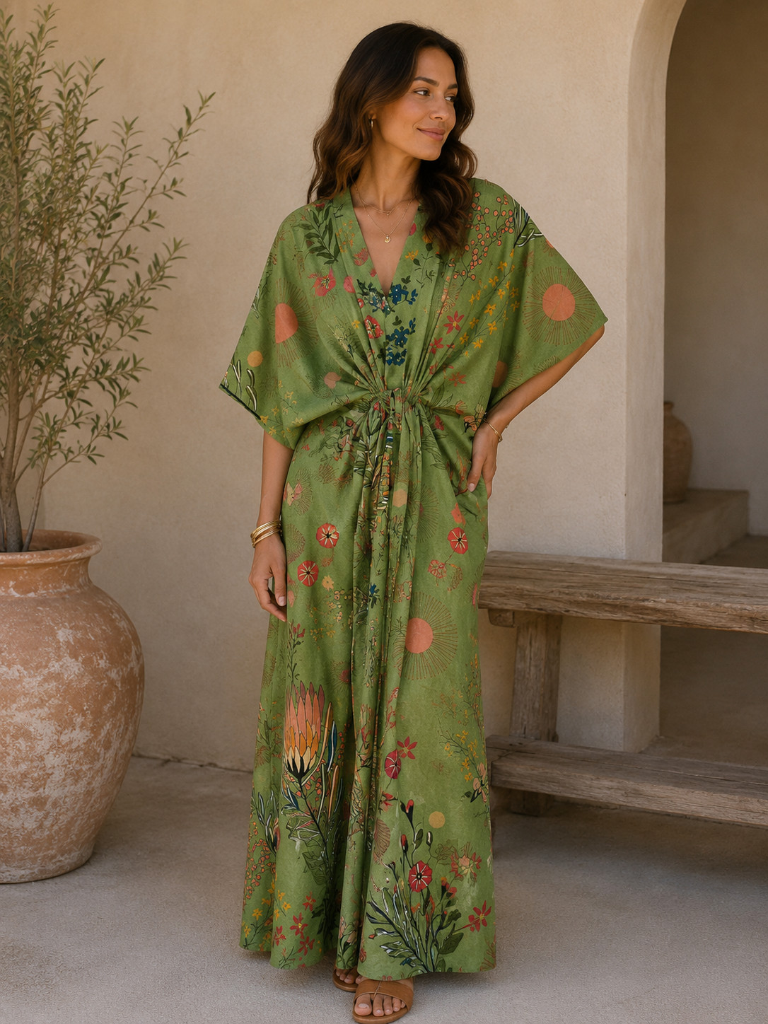 Indian Green Cotton Floral Kaftan Night Maxi Dress Women Clothing Maxi Gown