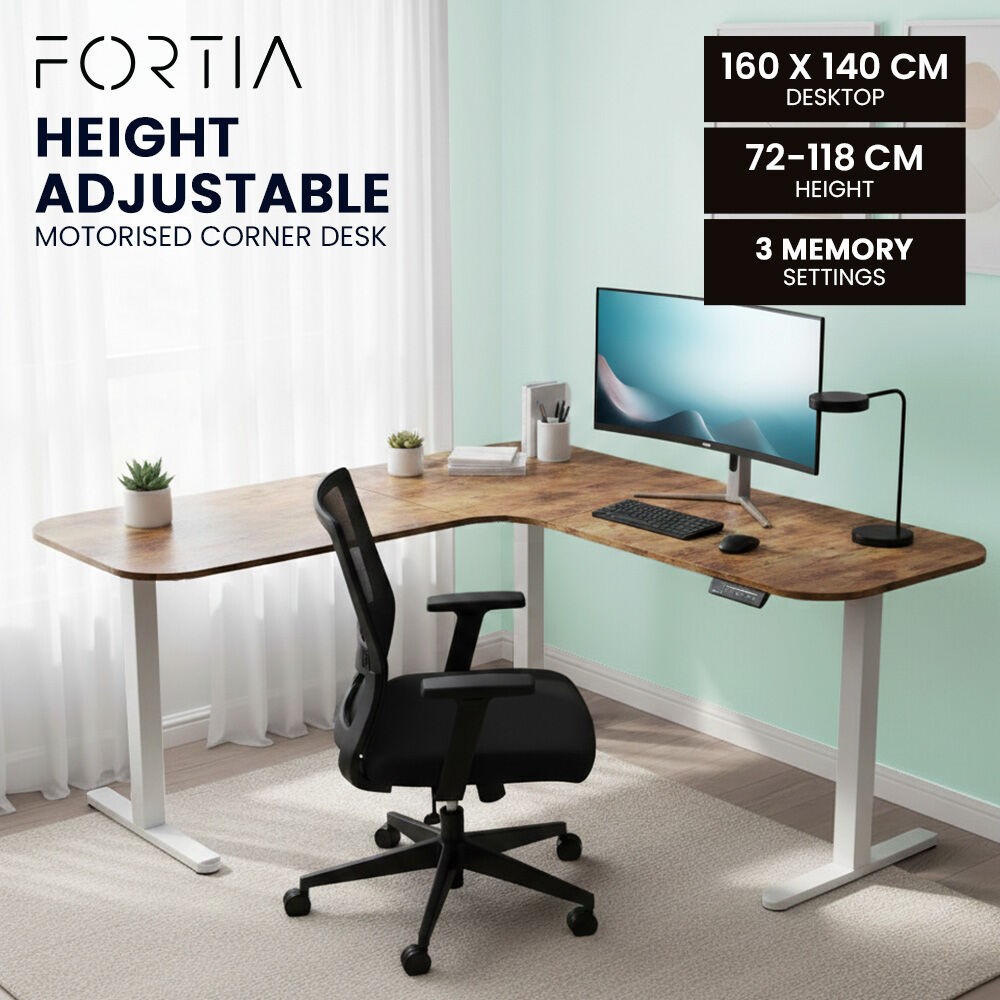 FORTIA Corner Standing Desk 160x140cm Electric Height Sit to Stand Walnut/Silver
