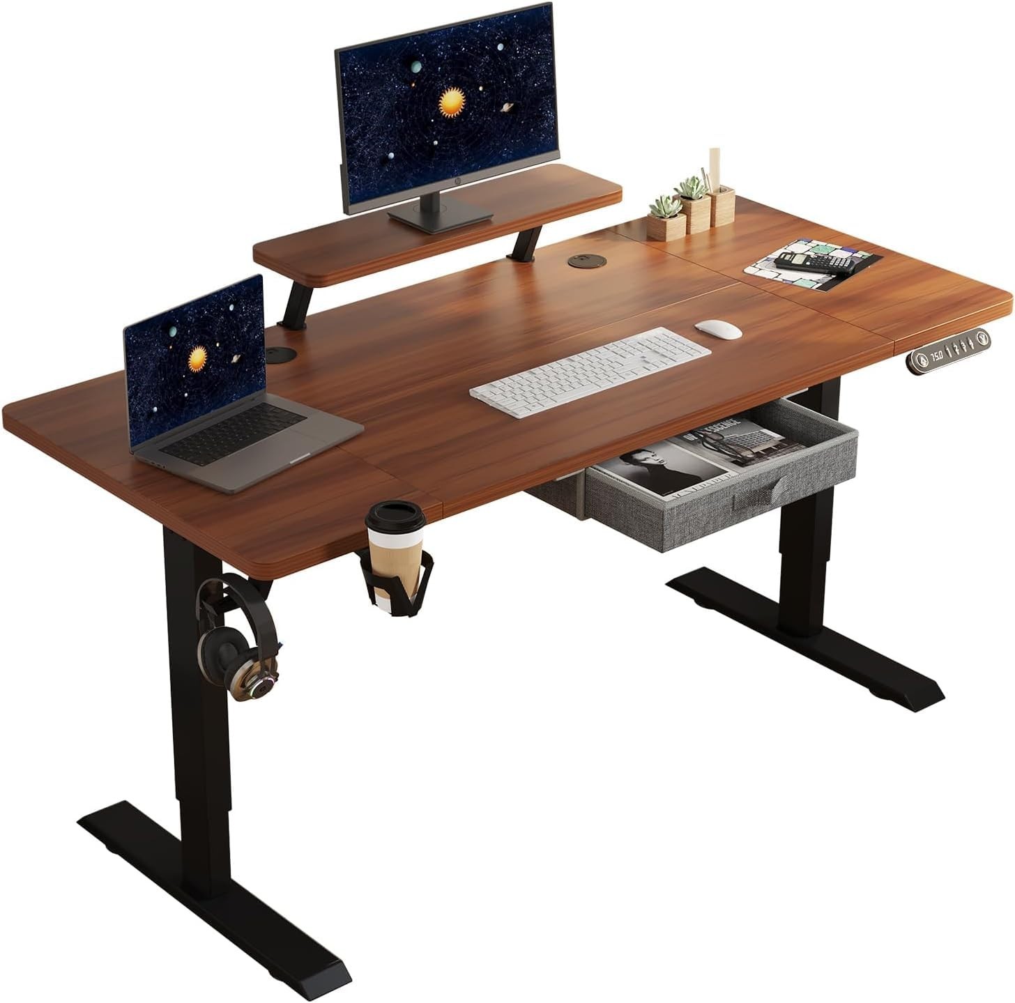 Electric Standing Desk with Drawer, 140x60cm Height Adjustable Sit Stand Up Desk