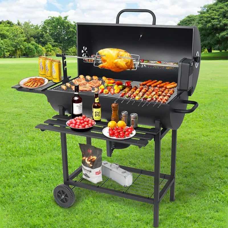 Outdoor Barrel Hood Charcoal BBQ Grill & Spit Roaster Rotisserie Barbecue Smoker