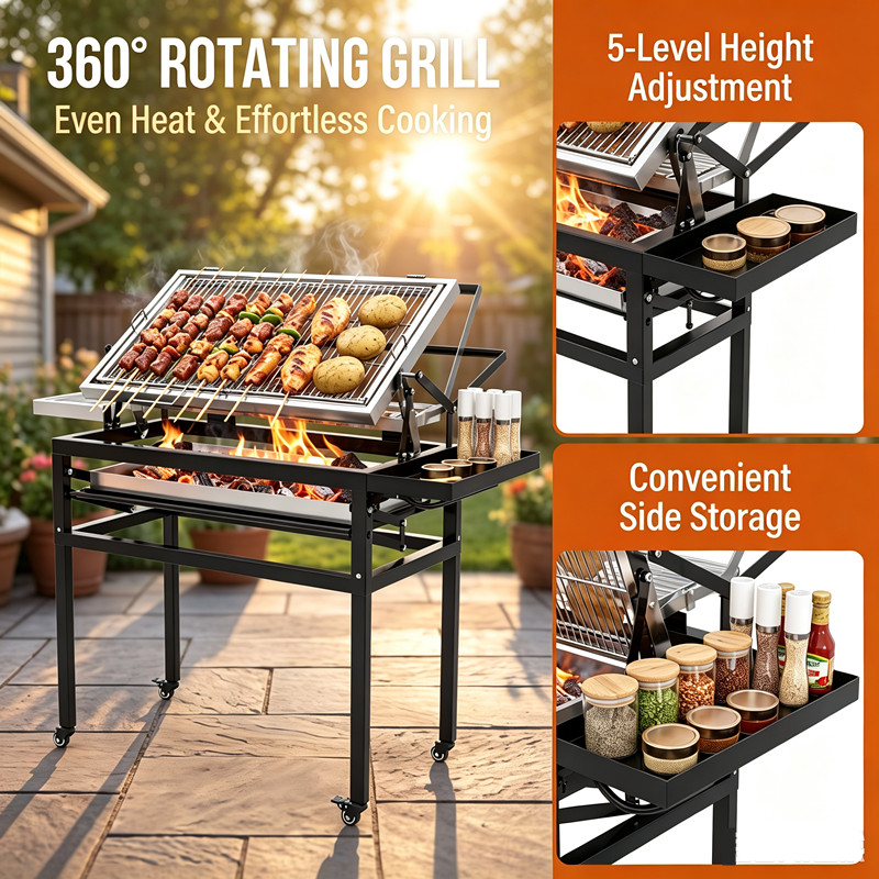 Portable Flipping Charcoal Grill 360° Rotating Charcoal BBQ Backyard Camping AU