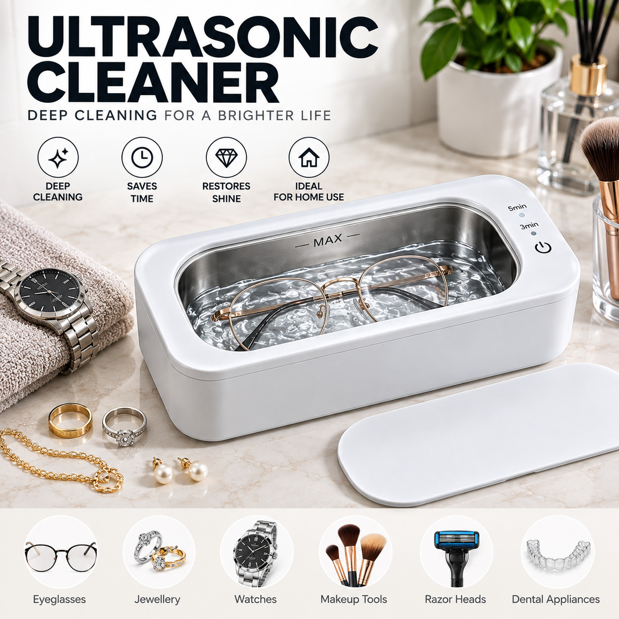 47KHz Ultrasonic Cleaner 350ml Jewellery Glasses Watch Stainless Steel Tank
