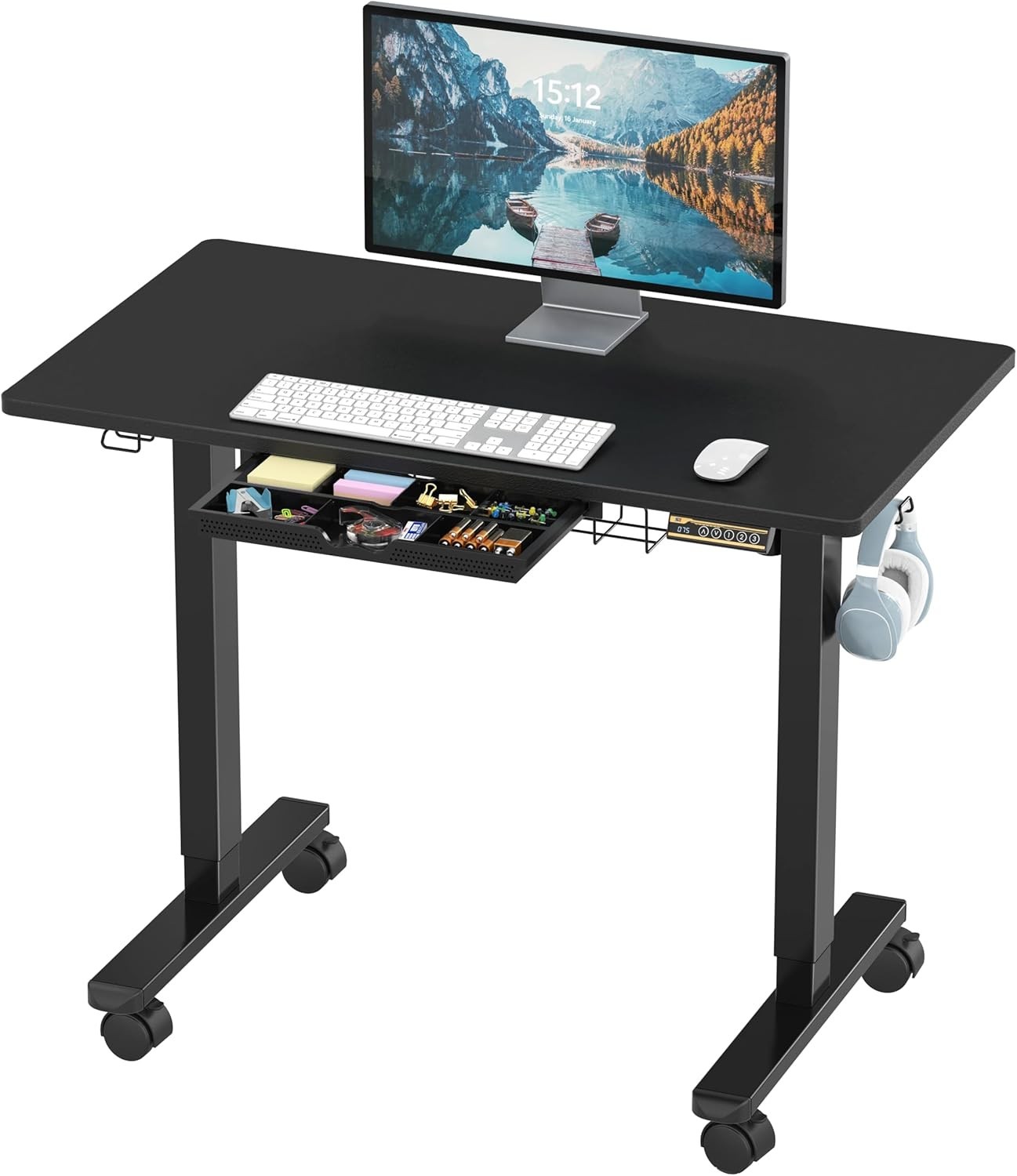  100 x 60 cm Electric Standing Desk with Wheels & Memory Preset, Black | Height 