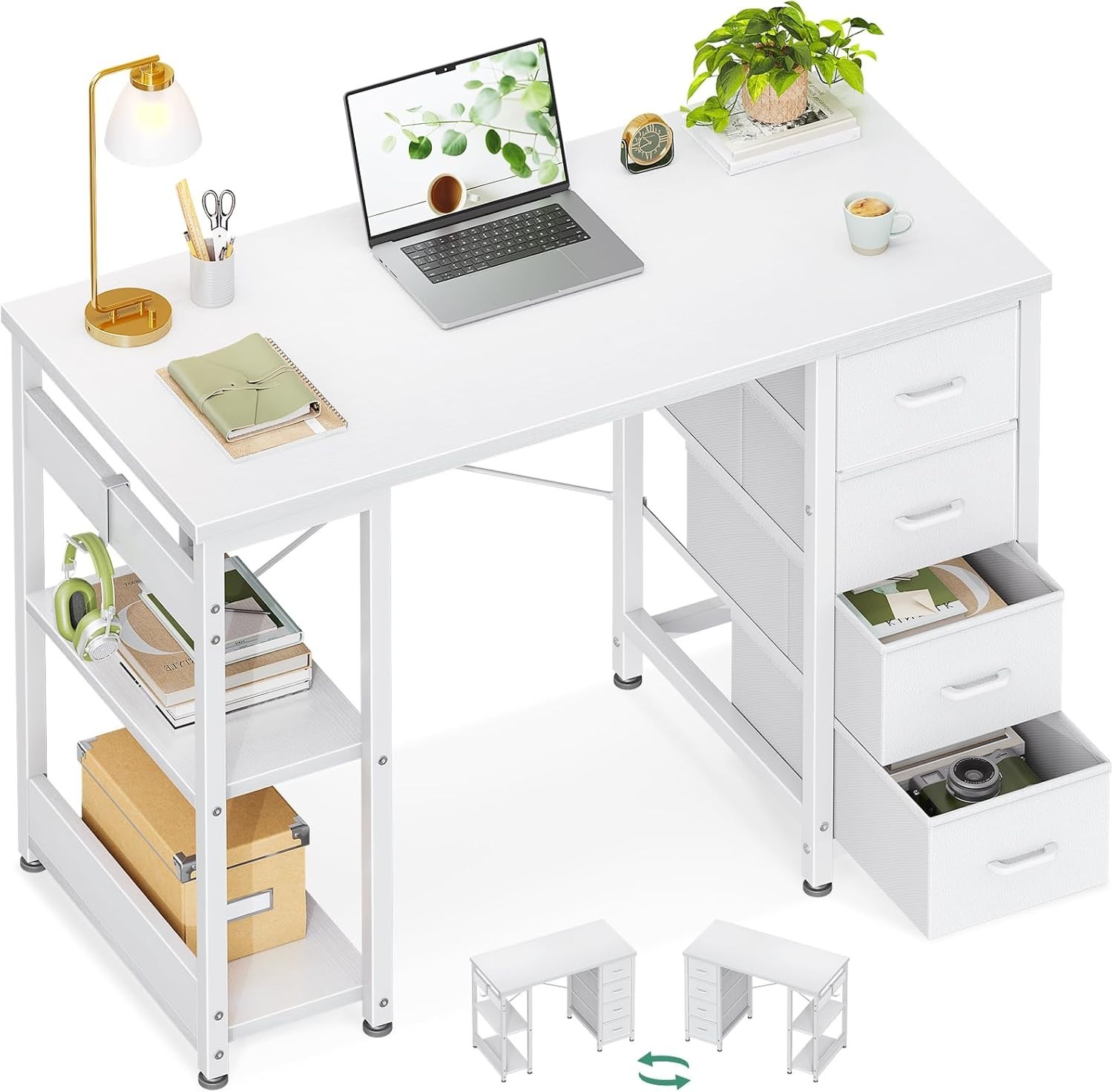 40Inch Computer Desk with 4 Fabric Drawers and 2 Storage Shelves,Reversible Offi