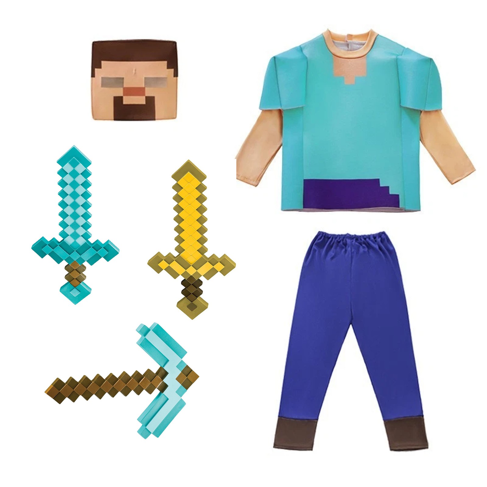 Kids Mine-craft Steve Cosplay Costume Boys Girls Steve Jumpsuit Mask Halloween