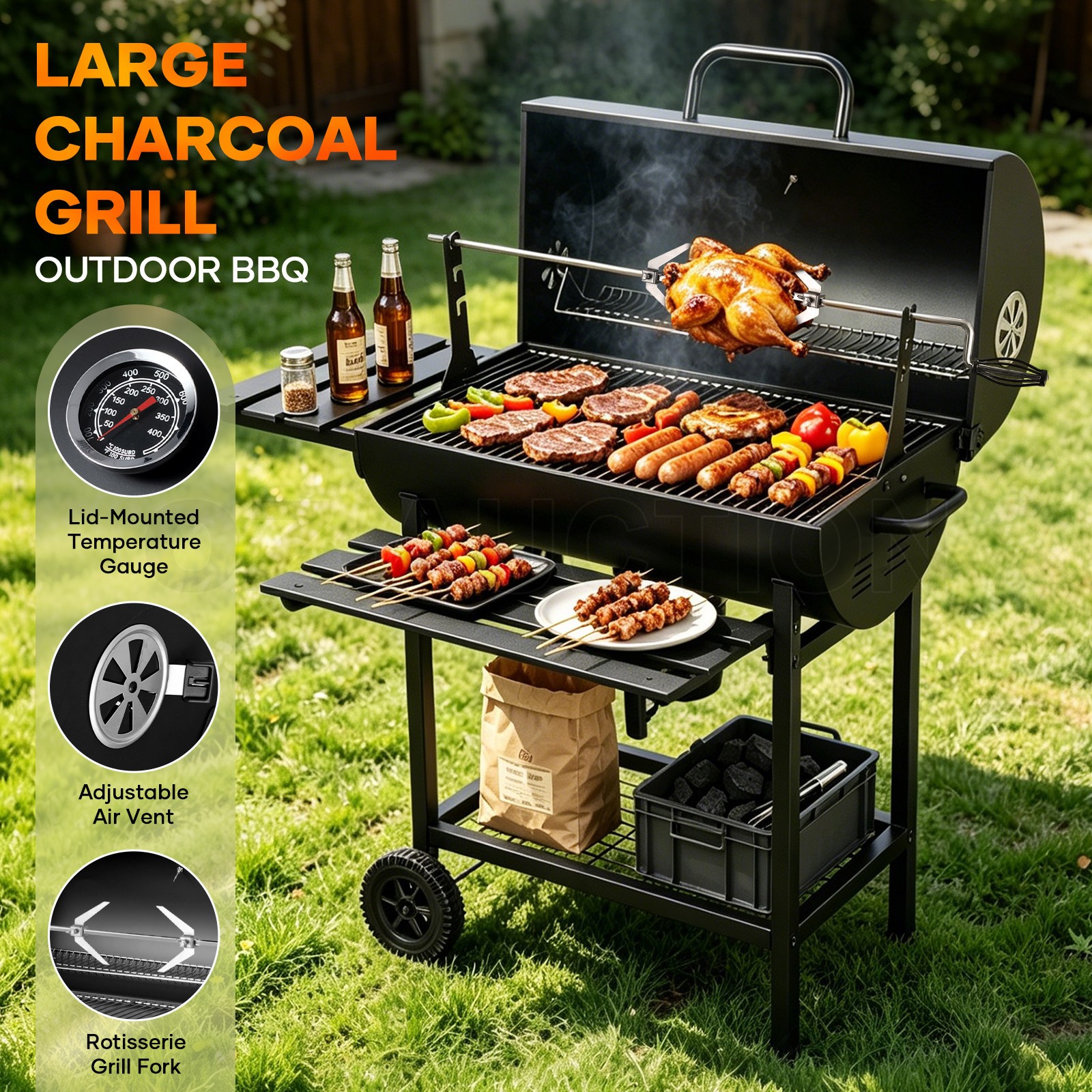 Maxkon Charcoal BBQ Grill Smoker Trolley Portable Coal Barbecue Table Stand Roll